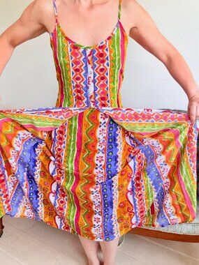 Colorful Sheath Split Front Dress Small 90s Geometric Boho Maximalist